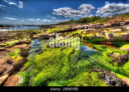 Città di Coral, Scozia. Vista artistica della costa rocciosa di Roome Bay, nella città di Caal, nel Fife. Foto Stock