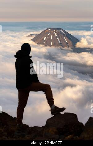 Silhouette di un arrampicatore che si trova sul Monte Ruapehu e che guarda verso il Monte Ngauruhoe, il Parco Nazionale di Tongariro, Nuova Zelanda Foto Stock