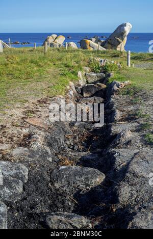 Forno all'aperto per bruciare le alghe marine come parte del processo di produzione di iodio, Menez Hom lungo la costa di Kerlouan, Finistère, Britanny, Francia Foto Stock