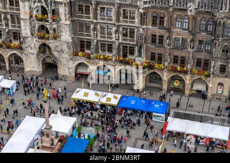 Europa, Germania, Baviera, Monaco, vista dalla torre della chiesa di Peterskirche a Marienplatz e il nuovo municipio Foto Stock