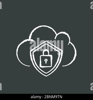Icona bianca gesso sulla sicurezza del cloud su sfondo nero. Crittografia pagina Internet personale. Protezione dei dati digitali. Privacy e sicurezza degli utenti del browser. Illustrazione della lavagna vettoriale isolata Illustrazione Vettoriale