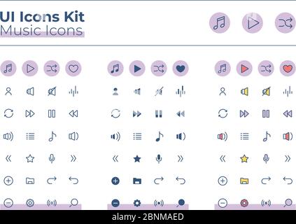 Kit icone UI musica. Set di simboli vettoriali a linee sottili, glifi e colori per il lettore audio. Consente di disattivare e ripetere l'audio. Pulsanti dell'app mobile multimediale in un pacchetto di cerchi viola. Raccolta di elementi di disegno Web Illustrazione Vettoriale