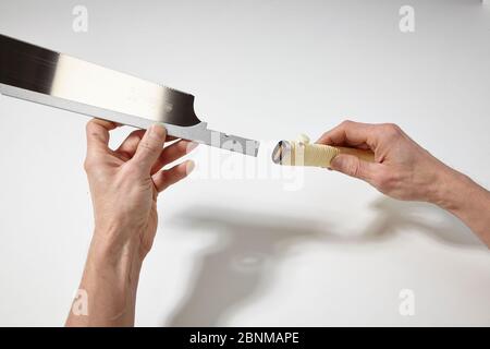 Sega giapponese, utensile per la lavorazione del legno della serie giapponese, utensile per la lavorazione del legno giapponese, montaggio a due mani Foto Stock