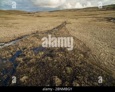 Vista aerea della coperta di altopiano bog presso la sorgente del fiume Elan, Rhayader, Wales, Regno Unito Aprile Foto Stock