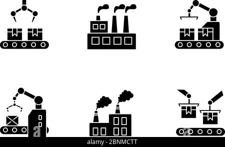 Produzione di fabbrica icone glifo nero impostato su spazio bianco. Nastro trasportatore per impianti con scatole. Imballaggio automatizzato in fabbrica. Processo di fabbricazione dello stabilimento. Simboli di silhouette. Illustrazione vettoriale isolata Illustrazione Vettoriale