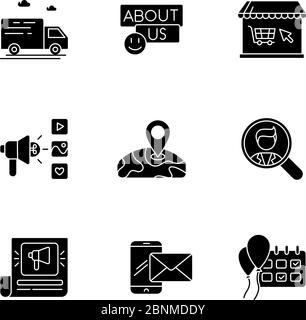 Online Shop glifi nero icone set su spazio bianco. Spedizione del prodotto. Servizio di consegna. Negozio internet. Posizione globale. Pubblicità aziendale. Simboli di silhouette. Illustrazione vettoriale isolata Illustrazione Vettoriale