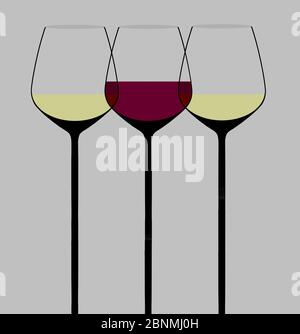 Bicchieri di vino sono visti in un moderno ed elegante illustrazione grafica. Il vino rosso è in uno dei bicchieri. Si tratta di un'illustrazione. Illustrazione Vettoriale
