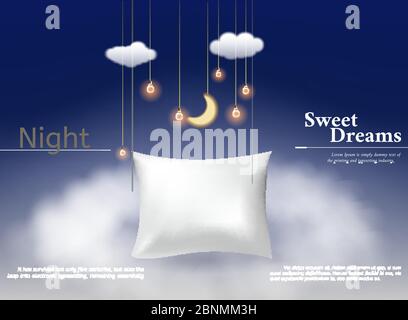 Illustrazione vettoriale con un cuscino quadrato 3d realistico per i sogni migliori mai, sonno confortevole. Cuscino morbido. Relax, concetto di sonno. Illustrazione Vettoriale