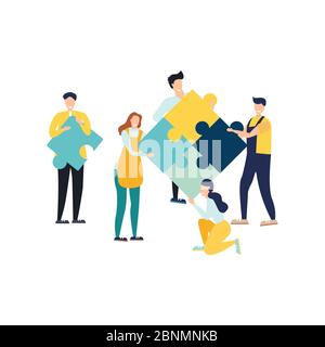 Concetto di business. Metafora del team. Persone che collegano gli elementi del puzzle. Stile di disegno piatto con illustrazione vettoriale. Simbolo del lavoro di squadra, della cooperazione, partnershi Foto Stock