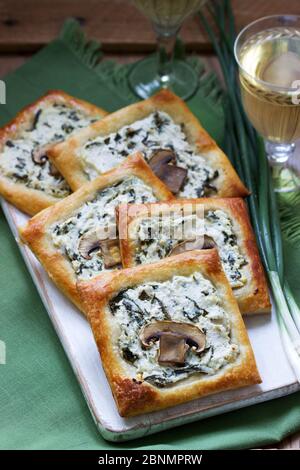 Soffici con formaggio, spinaci e funghi, serviti con vino e cipolle verdi. Stile rustico. Foto Stock