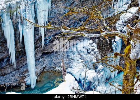 Possenti iciclette sulla parete del canyon del Rißbach, nei Monti Karwendel Foto Stock