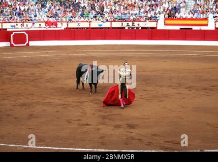 Manuel Jesus Cid Salas conosciuto come El Cid Spagna bullfighter Con bull in piedi dietro di lui mentre cammina via Santander Cantabria Spagna 21 luglio 2009 Foto Stock