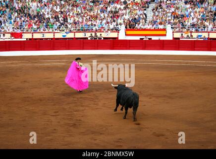 Manuel Jesus Cid Salas conosciuto come El Cid Spagna bullfighter indossando il cappello tradizionale chiamato montera con bull running Verso di lui Santander Spagna Foto Stock