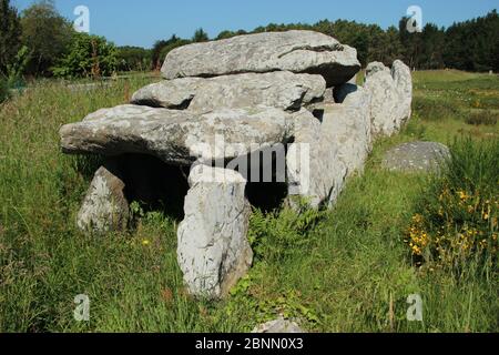 Dolmen de Kermario tra gli allineamenti Kermario (Alignements de Kermario) nelle pietre di Carnac vicino alla città di Carnac nel nord-ovest della Francia Foto Stock