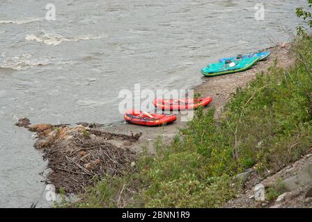 Rafting barche Ion una riva del fiume, Alaska Foto Stock