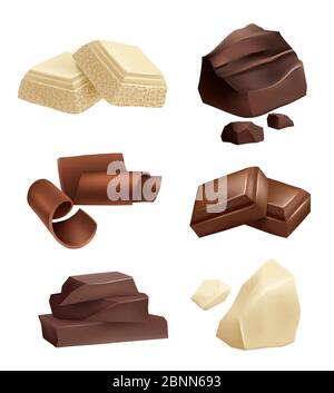 Set di icone di cioccolato. Immagini realistiche di vari tipi di cioccolato Illustrazione Vettoriale