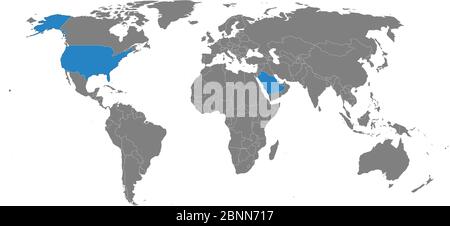 USA, arabia Saudita mappa evidenziata in blu su sfondo grigio mappa mondiale. Perfetto per sfondi, sfondo, concetti aziendali e sfondi. Illustrazione Vettoriale