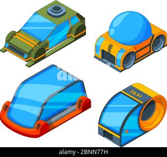 Trasporto futuristico. Illustrazioni isometriche di automobili futuristiche Illustrazione Vettoriale