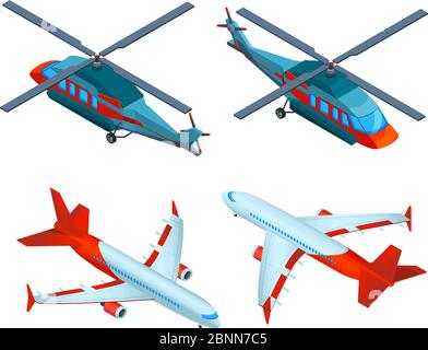Elicotteri isometrici. immagini 3d del trasporto di via. Aerei ed elicotteri Illustrazione Vettoriale
