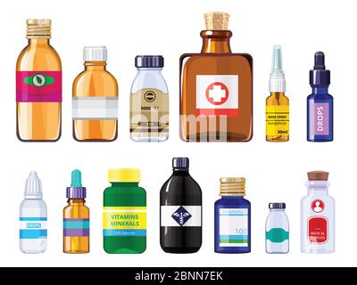 Vari flaconi medici. Immagini di concetto di sanità di bottiglie di droga con le etichette Illustrazione Vettoriale