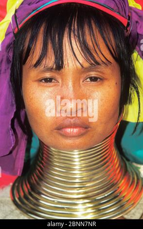 Ritratto di donna di Long Neck Tribe, Mae Hong Son, Thailandia, Asia Foto Stock