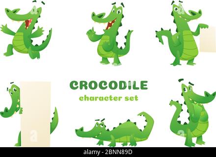 Personaggi di coccodrillo cartoon. Alligatore selvatico anfibio rettile verde grandi animali vettoriali mascotte disegni in varie pose Illustrazione Vettoriale
