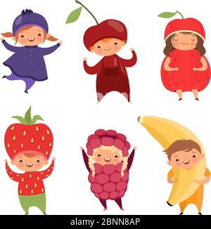 Costumi di frutta. Abiti di Carnevale per bambini. Divertenti bambini in abiti fantasia frutta su bianco Illustrazione Vettoriale