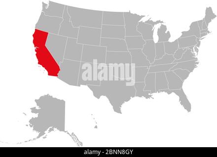 Mappa della California contrassegnata in rosso sull'illustrazione vettoriale della mappa politica degli Stati Uniti. Sfondo grigio Illustrazione Vettoriale