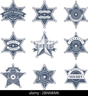 Badge di sicurezza sheriff. Scudo di polizia e ufficiali logo texas ranger simboli vettoriali Illustrazione Vettoriale