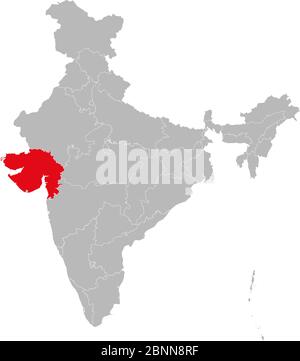 Mappa del Gujarat contrassegnata in rosso sull'illustrazione vettoriale della mappa politica dell'India. Sfondo grigio Illustrazione Vettoriale