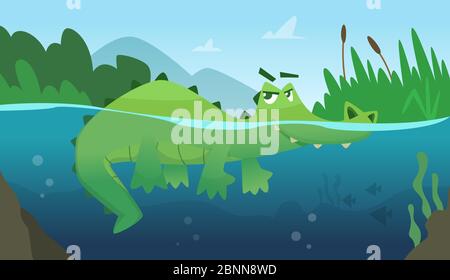 Coccodrillo in acqua. Alligatore anfibio rettile selvaggio verde arrabbiato animale selvaggio nuoto vettore cartoon sfondo Illustrazione Vettoriale