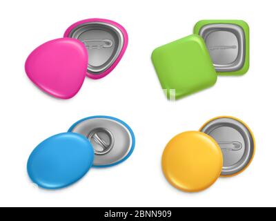 Varie forme di badge. Illustrazioni realistiche badge di forme diverse Illustrazione Vettoriale