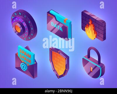 Sicurezza online su Internet 3D. Dati personali protezione del web sicurezza computer servizi internet firewall immagini isometriche vettoriali Illustrazione Vettoriale