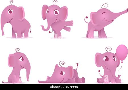 Simpatici elefanti per bambini. Selvatico africano divertente adorabile animali vettori personaggi in diverse posizioni d'azione Illustrazione Vettoriale