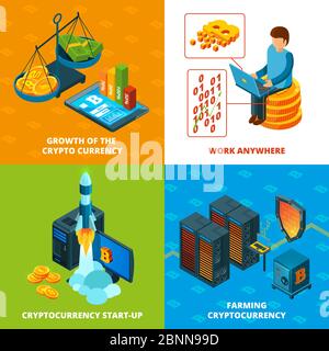 Estrazione a criptovaluta. Composizioni isometriche di concetto vettoriale di ricerca elettronica di blocco monetario Illustrazione Vettoriale