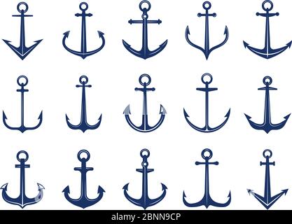 Icone di ancoraggio per la navigazione. Disegni di simboli navy ancoraggi nave o barca. Modello di logotipi retrospettiva marini vettoriali Illustrazione Vettoriale