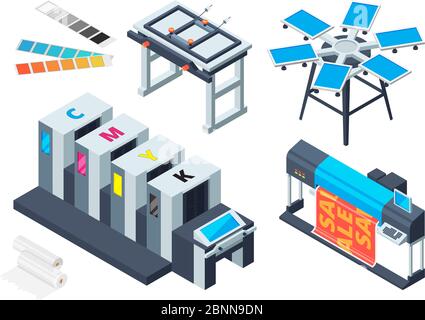 Macchina per la stampa. Plotter per stampanti laser digitali a getto d'inchiostro vari strumenti di stampa immagini vettoriali isometriche Illustrazione Vettoriale