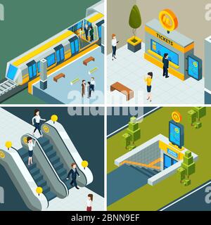 Metropolitana pubblica isometrica. Metro scala mobile, treno e metropolitana porte persone sulla stazione ferroviaria Vector basso Poly foto Illustrazione Vettoriale