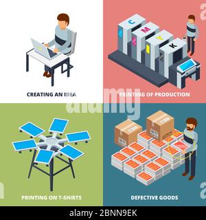 Ufficio stampa isometrica. Stampante laser colored copier plotter offset macchine digitali a getto d'inchiostro vettoriale immagini 3d Illustrazione Vettoriale