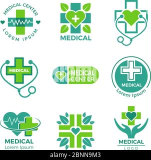 Logotipi medici. Medicina clinica farmacia o ospedale croce più simboli vettoriali di assistenza sanitaria modello di progettazione Illustrazione Vettoriale