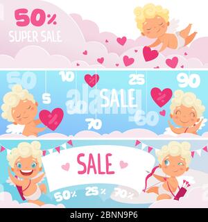 Banner di vendita per San Valentino. Cuori rossi cute cupids divertente con i simboli romantici dell'arco mercato vettoriale o le etichette di fotoricettore Illustrazione Vettoriale