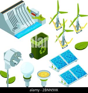 Energia verde. Risparmio energetico in fabbrica turbine elettriche ecosistema varie tecnologie simboli vettoriali isometrici 3d Illustrazione Vettoriale