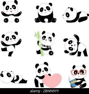 Simpatici personaggi di panda. Cinese orso neonato felice pandas vettore giocattolo mascotte disegno isolato Illustrazione Vettoriale