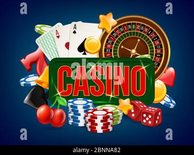 Poster del casinò. Pubblicità di poker dice bowling gioco d'azzardo domino e altri giochi di casinò vettore placard modello Illustrazione Vettoriale