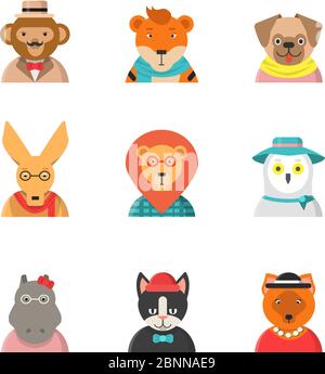 Volti divertenti degli animali. Avatar hipster di scimmia gatto canguro hippo tiger cute vestiti zoo caratteri vettoriali in stile piatto Illustrazione Vettoriale