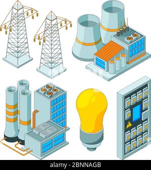 Impianto elettrico di energia. Generatori di illuminazione elettrica che consentono di risparmiare gli strumenti di illuminazione elettrica illustrazioni vettoriali isometriche Illustrazione Vettoriale