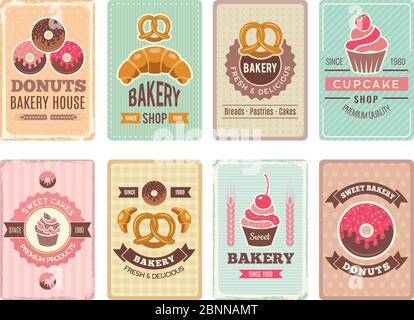 Disegno di schede di panetteria. Dolci freschi cupcakes ciambelle e altri prodotti da forno illustrazioni per vintage menu vettoriale in stile retrò Illustrazione Vettoriale