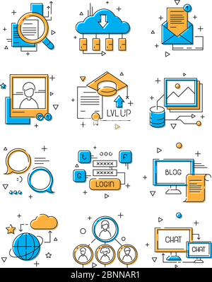 Icone dei supporti digitali. Marketing sociale, comunità di persone di gruppo per parlare web connessione mobile illustrativa di simboli vettoriali di linea colorata Illustrazione Vettoriale