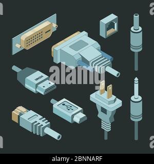 Connettori a spina. VGA cavo video portatile elettrico alimentazione usb porta presa adattatori vettoriale isometrico Illustrazione Vettoriale