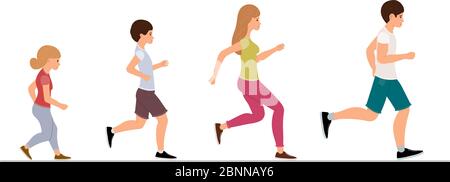 Jogging in famiglia, stile di vita sano. L'uomo, la donna, il ragazzo e la ragazza stanno correndo. Padre, madre, figlio e figlia corrono insieme. Stile di vita attivo. Illus vettore Illustrazione Vettoriale